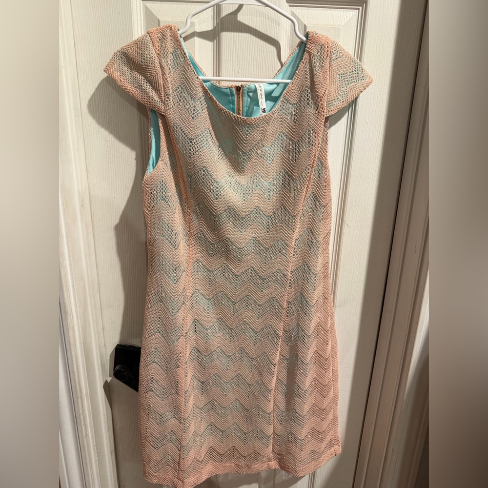 Pink Owl Peach Lace Mini Dress with Aqua Lining